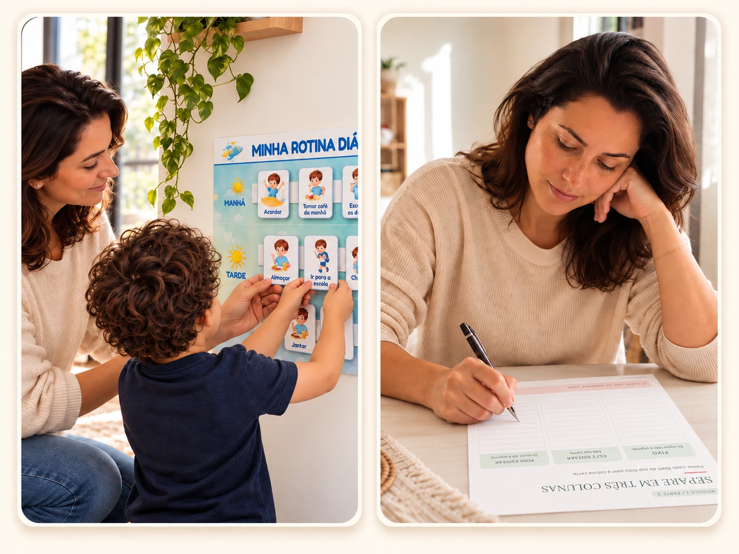 Mãe e criança utilizando o quadro visual de rotina; ao lado, mãe preenchendo o caderno de organização.